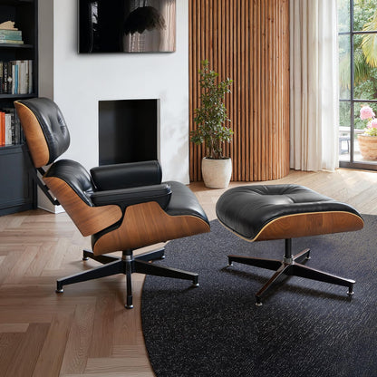 Chaise Lounge Chair with Ottoman Premium Aniline Leather Top Grain Leather High-Resilience Foam Cushions Mid Century Modern Ergonomic Design for Living Room Study Lounge Office Walnut Black