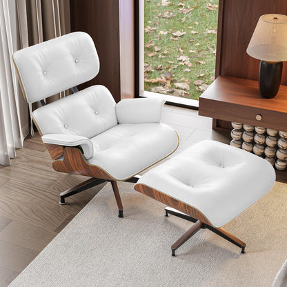 Chaise Lounge Chair with Ottoman Genuine Leather High-Resilience Foam Cushions Mid Century Modern Ergonomic Design for Living Room Study Lounge Office Palisander White