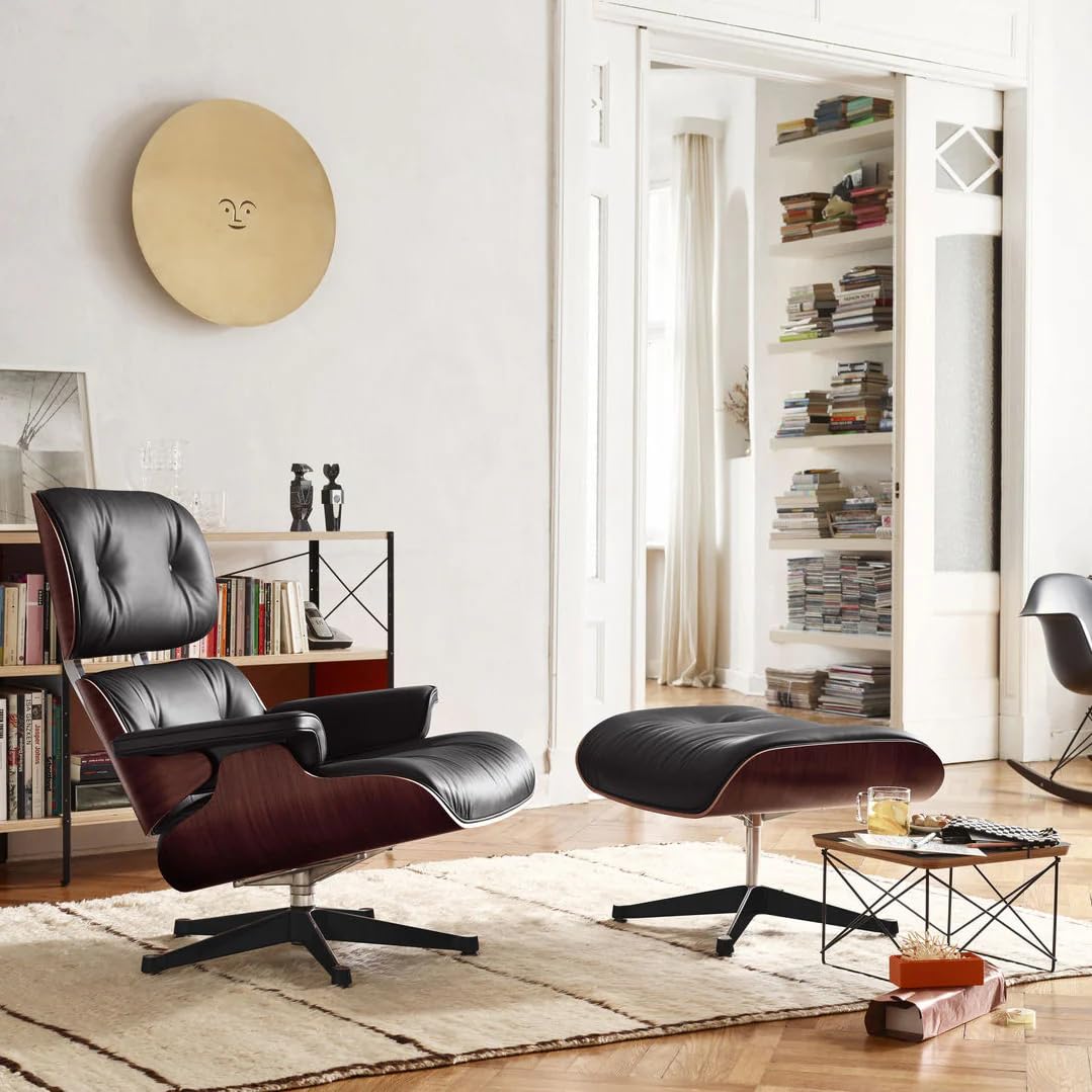 Chaise Lounge Chair with Ottoman Genuine Leather High-Resilience Foam Cushions Mid Century Modern Ergonomic Design for Living Room Study Lounge Office Dark Walnut Black