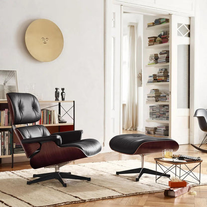 Chaise Lounge Chair with Ottoman Genuine Leather High-Resilience Foam Cushions Mid Century Modern Ergonomic Design for Living Room Study Lounge Office Dark Walnut Black