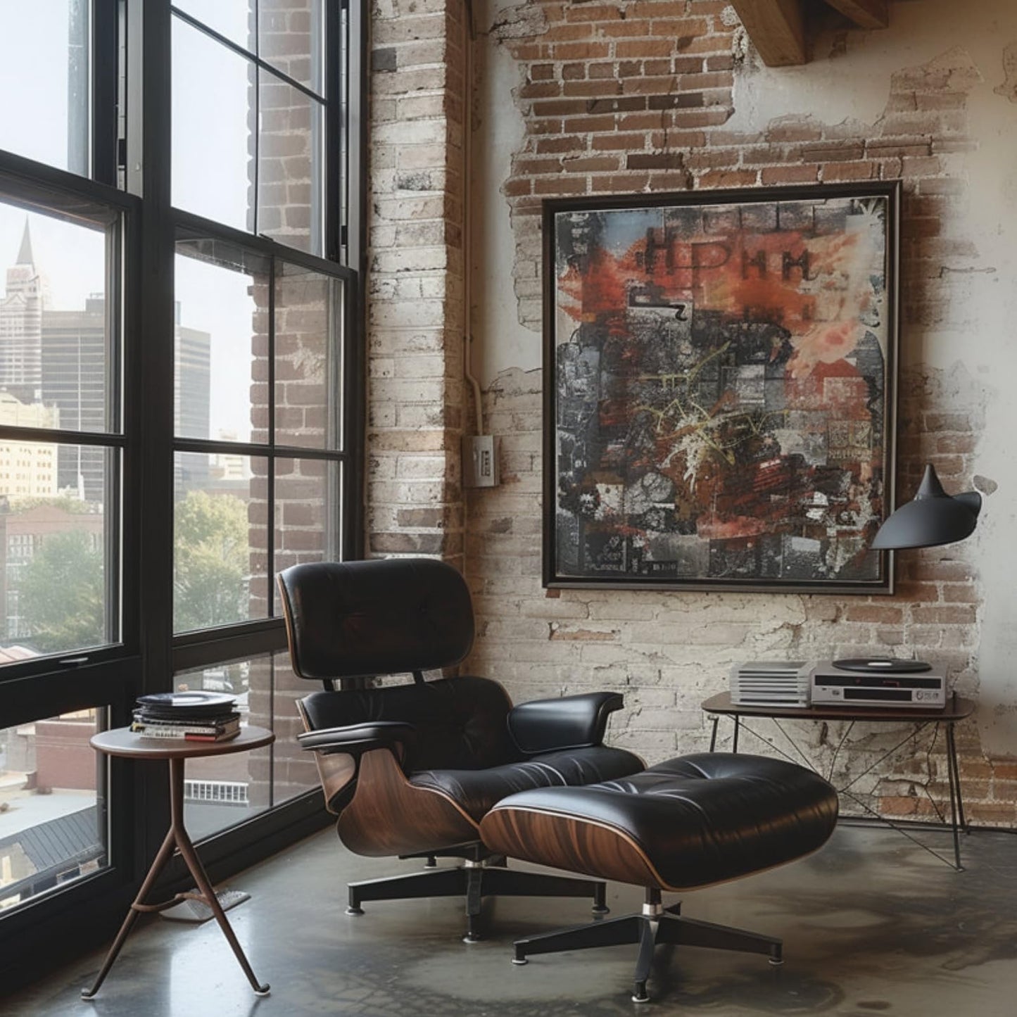 Top Black Grain Leather, Mid Century Chaise Lounge Chair with Ottoman, Modern Office Chair Classic Design, Heavy Duty Base Support for Living Room Study Lounge Office