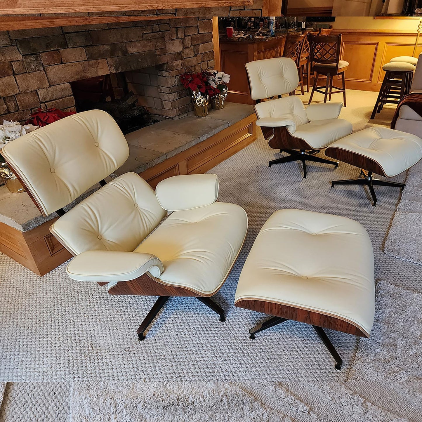 Top Grain Leather, Mid Century Chaise Lounge Chair and Ottoman, Modern Chair Classic Design, Heavy Duty Base Support for Living Room Study Lounge Office, Palisander-White, Heightening