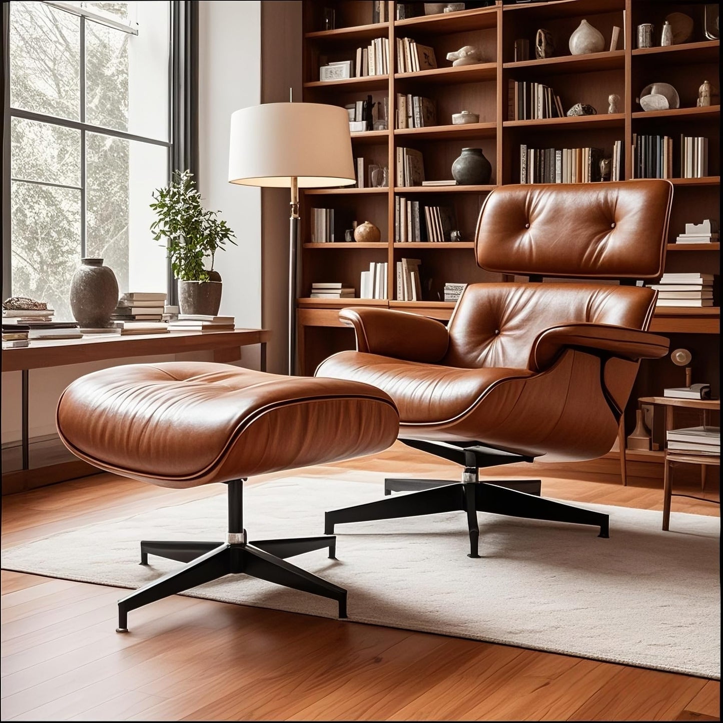 Mid Century Chaise Lounge Chair with Ottoman, Top Black Grain Leather, Modern Office Chair Classic Design, Heavy Duty Base Support for Living Room Study Lounge Office