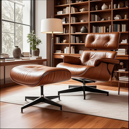 Mid Century Chaise Lounge Chair with Ottoman, Top Black Grain Leather, Modern Office Chair Classic Design, Heavy Duty Base Support for Living Room Study Lounge Office