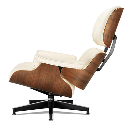 Chaise Lounge Chair with Ottoman Genuine Leather High-Resilience Foam Cushions Mid Century Modern Ergonomic Design for Living Room Study Lounge Office Walnut Ivory White