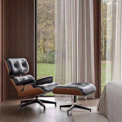 Top Black Grain Leather, Mid Century Chaise Lounge Chair and Ottoman, Modern Chair Classic Design, Heavy Duty Base Support for Living Room Study Lounge Office, Palisander Heightening