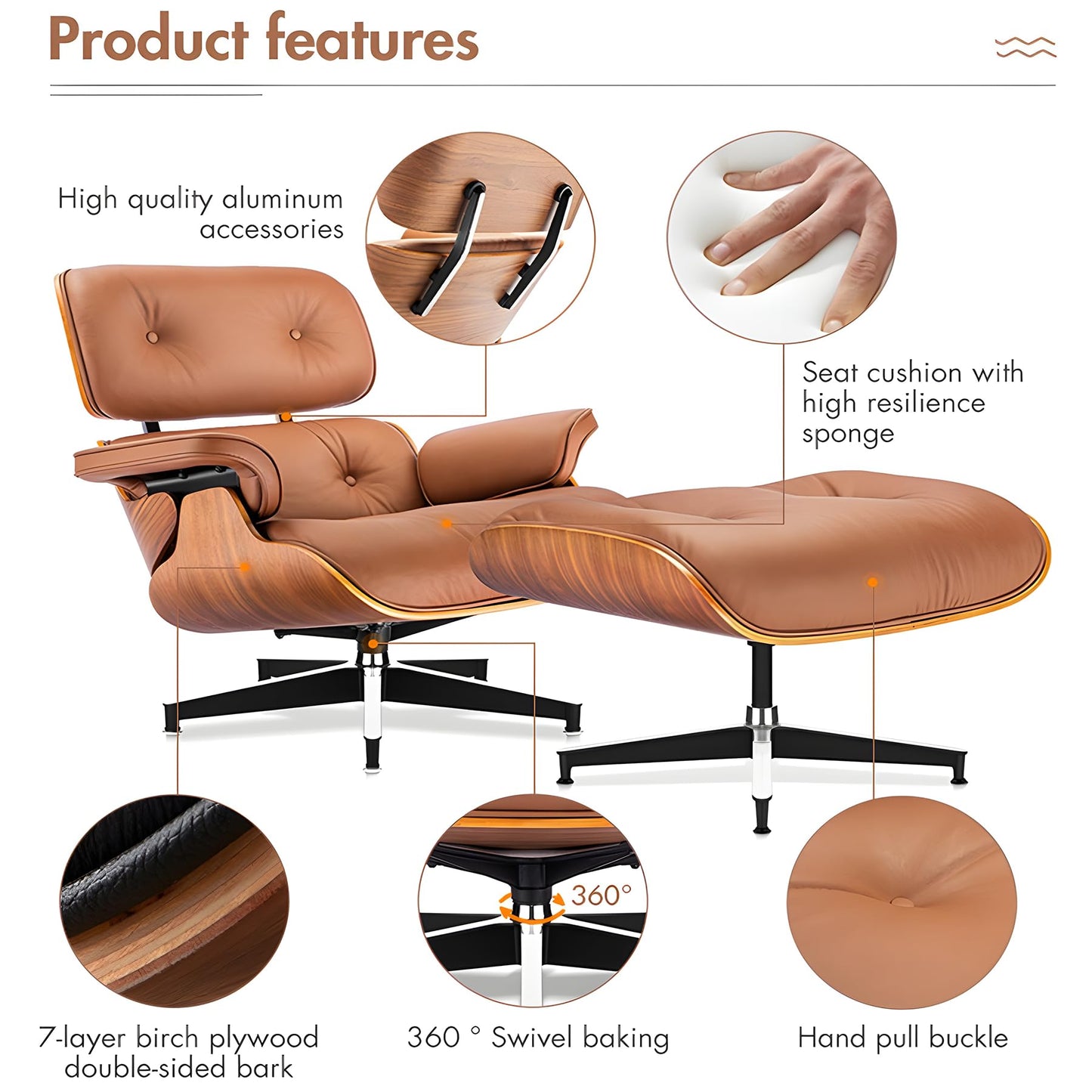 Top Grain Leather, Mid Century Chaise Lounge Chair and Ottoman, Modern Chair Classic Design, Heavy Duty Base Support for Living Room Study Lounge Office, Walnut-Brown, Heightening