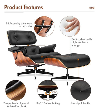 Mid Century Chaise Lounge Chair with Ottoman, Top Black Grain Leather, Modern Office Chair Classic Design, Heavy Duty Base Support for Living Room Study Lounge Office