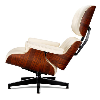 Chaise Lounge Chair with Ottoman Genuine Leather High-Resilience Foam Cushions Mid Century Modern Ergonomic Design for Living Room Study Lounge Office Palisander Ivory