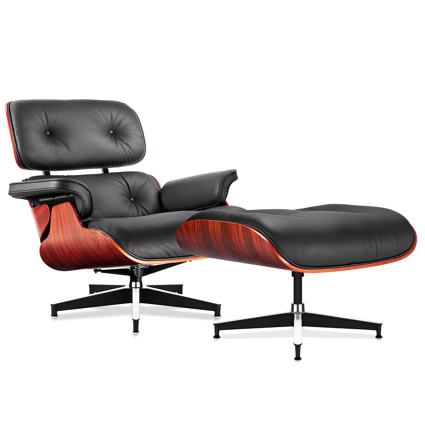 Top Black Grain Leather, Mid Century Chaise Lounge Chair and Ottoman, Modern Chair Classic Design, Heavy Duty Base Support for Living Room Study Lounge Office, Darkrosewood
