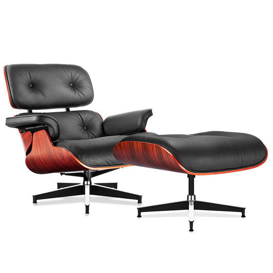 Top Black Grain Leather, Mid Century Chaise Lounge Chair and Ottoman, Modern Chair Classic Design, Red Rosewood, Heavy Duty Base Support for Living Room Office