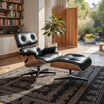 Chaise Lounge Chair with Ottoman Premium Aniline Leather Top Grain Leather High-Resilience Foam Cushions Mid Century Modern Ergonomic Design for Living Room Study Lounge Office Walnut Black