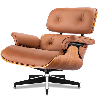 Top Grain Leather, Mid Century Chaise Lounge Chair and Ottoman, Modern Chair Classic Design, Heavy Duty Base Support for Living Room Study Lounge Office, Walnut-Brown