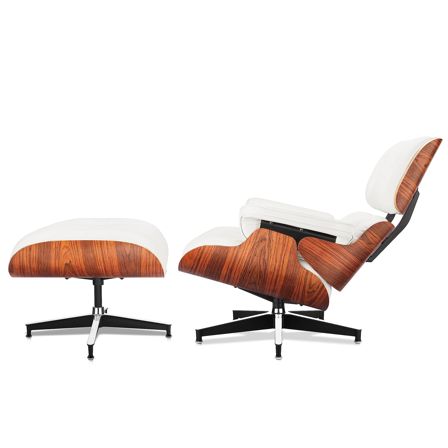 Chaise Lounge Chair with Ottoman Premium Aniline Leather Top Grain Leather High-Resilience Foam Cushions Mid Century Modern Ergonomic Design for Living Room Study Lounge Office Palisander White