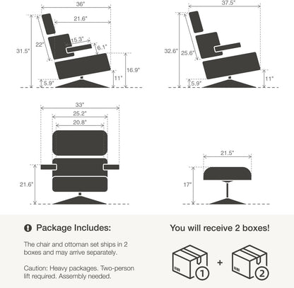 Top Black Grain Leather, Mid Century Chaise Lounge Chair and Ottoman, Modern Chair Classic Design, Heavy Duty Base Support for Living Room Study Lounge Office, Walnut, Heightening