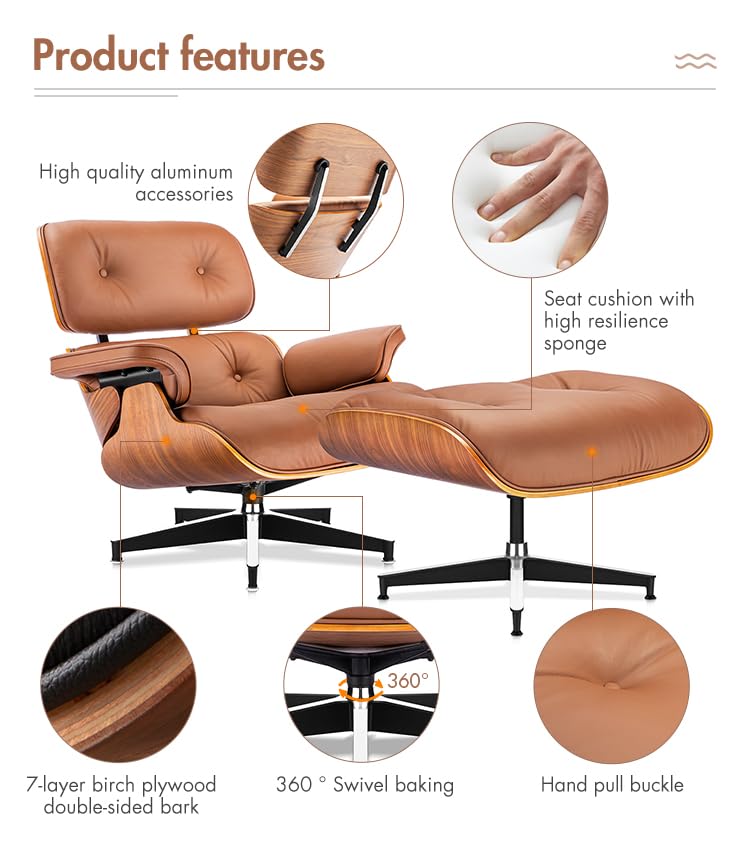 Mid Century Chaise Lounge Chair with Ottoman, Top Black Grain Leather, Modern Office Chair Classic Design, Heavy Duty Base Support for Living Room Study Lounge Office