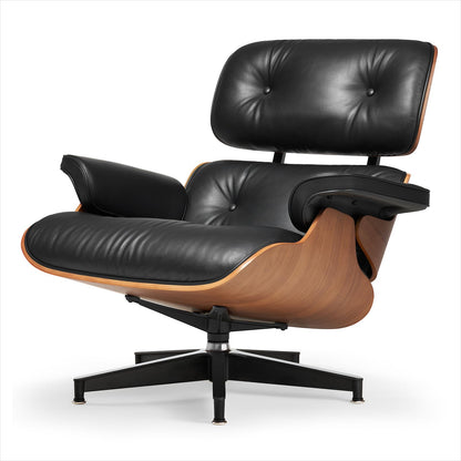 Chaise Lounge Chair with Ottoman Genuine Leather High-Resilience Foam Cushions Mid Century Modern Ergonomic Design for Living Room Study Lounge Office Dark Walnut Black