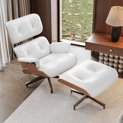 Top Grain Leather, Mid Century Chaise Lounge Chair and Ottoman, Modern Chair Classic Design, Heavy Duty Base Support for Living Room Study Lounge Office, Walnut-White