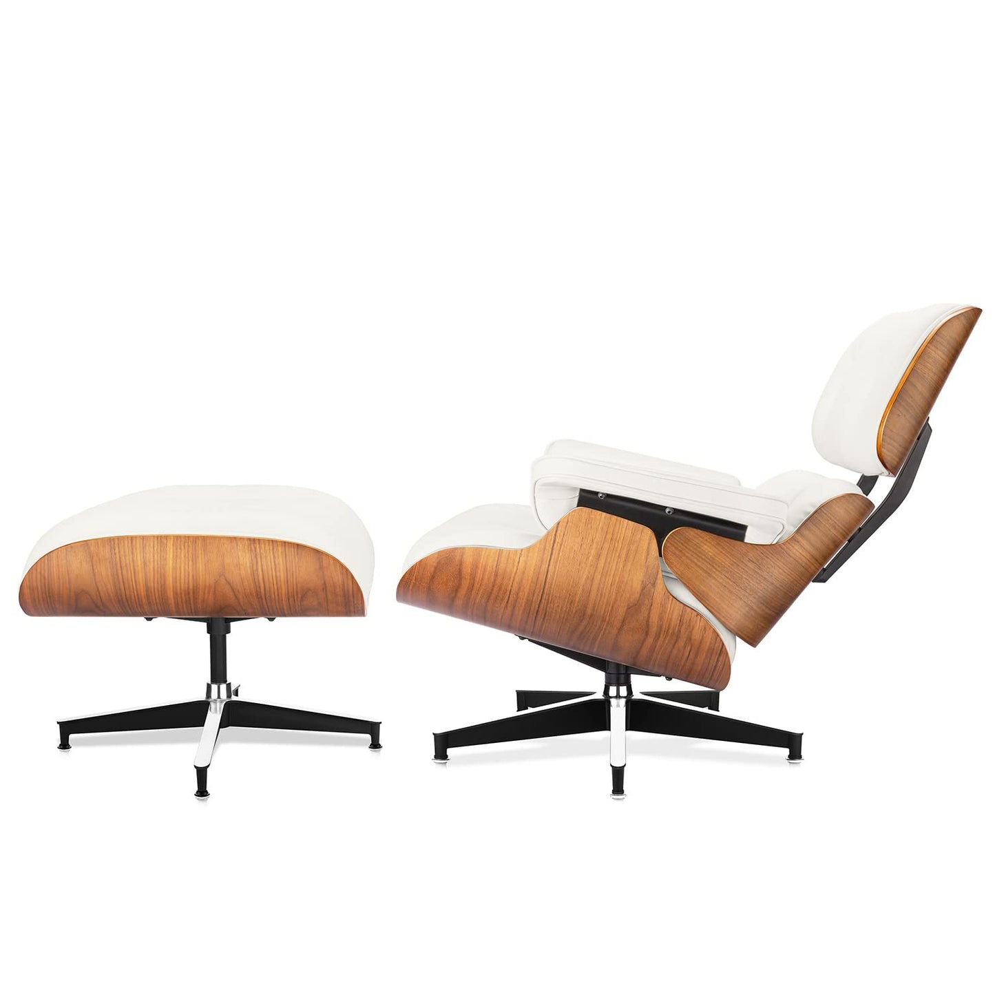 Chaise Lounge Chair with Ottoman Premium Aniline Leather Top Grain Leather High-Resilience Foam Cushions Mid Century Modern Ergonomic Design for Living Room Study Lounge Office Walnut White
