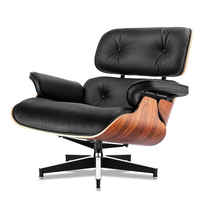 Top Black Grain Leather, Mid Century Chaise Lounge Chair and Ottoman, Modern Chair Classic Design, Heavy Duty Base Support for Living Room Study Lounge Office, Palisander Heightening