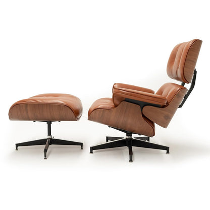 Chaise Lounge Chair with Ottoman Genuine Leather High-Resilience Foam Cushions Mid Century Modern Ergonomic Design for Living Room Study Lounge Office Walnut Brown
