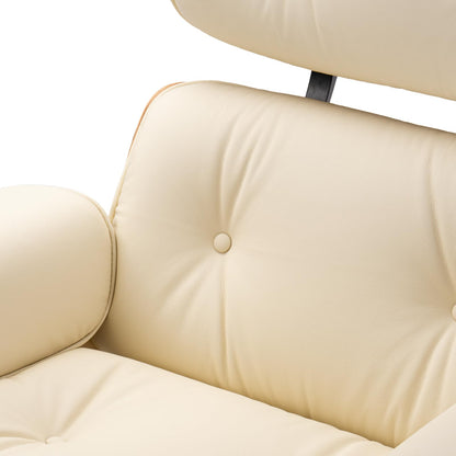 Chaise Lounge Chair with Ottoman Genuine Leather High-Resilience Foam Cushions Mid Century Modern Ergonomic Design for Living Room Study Lounge Office Palisander Ivory
