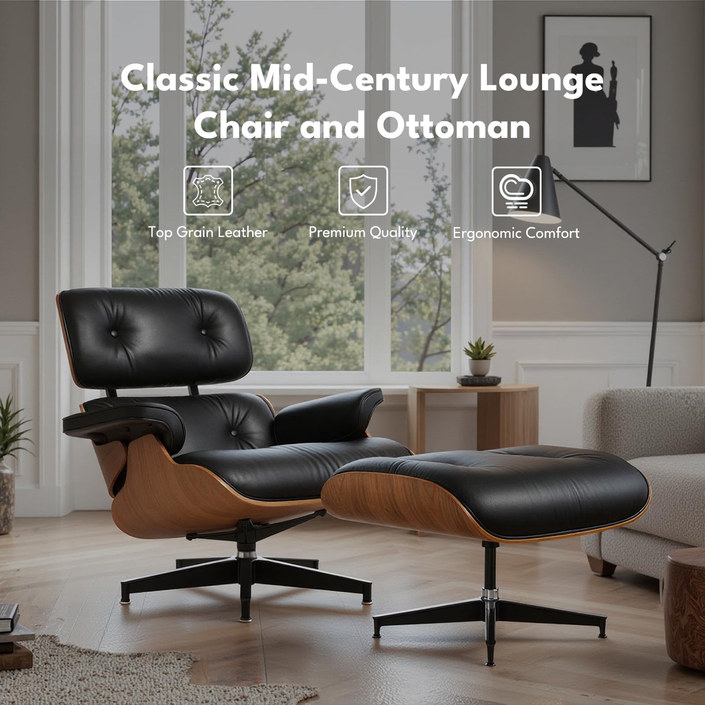 Top Black Grain Leather, Mid Century Chaise Lounge Chair and Ottoman, Modern Chair Classic Design, Heavy Duty Base Support for Living Room Study Lounge Office, Walnut, Heightening