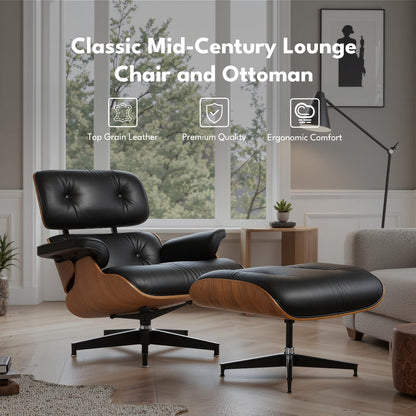 Top Black Grain Leather, Mid Century Chaise Lounge Chair and Ottoman, Modern Chair Classic Design, Heavy Duty Base Support for Living Room Study Lounge Office, Walnut, Heightening