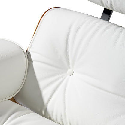 Chaise Lounge Chair with Ottoman Genuine Leather High-Resilience Foam Cushions Mid Century Modern Ergonomic Design for Living Room Study Lounge Office Walnut White