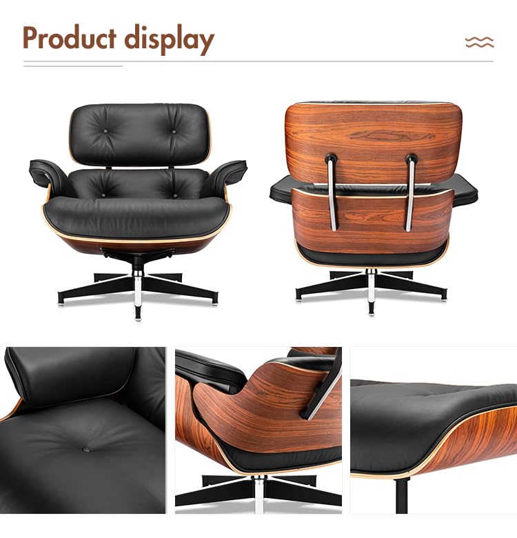 Mid Century Chaise Lounge Chair with Ottoman, Top Black Grain Leather, Modern Office Chair Classic Design, Heavy Duty Base Support for Living Room Study Lounge Office