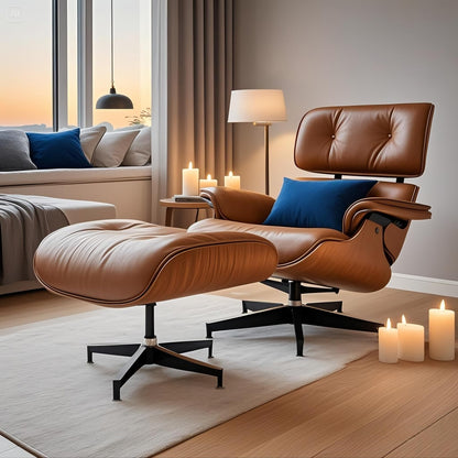 Mid Century Chaise Lounge Chair with Ottoman, Top Black Grain Leather, Modern Office Chair Classic Design, Heavy Duty Base Support for Living Room Study Lounge Office