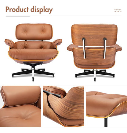 Mid Century Chaise Lounge Chair with Ottoman, Top Black Grain Leather, Modern Office Chair Classic Design, Heavy Duty Base Support for Living Room Study Lounge Office