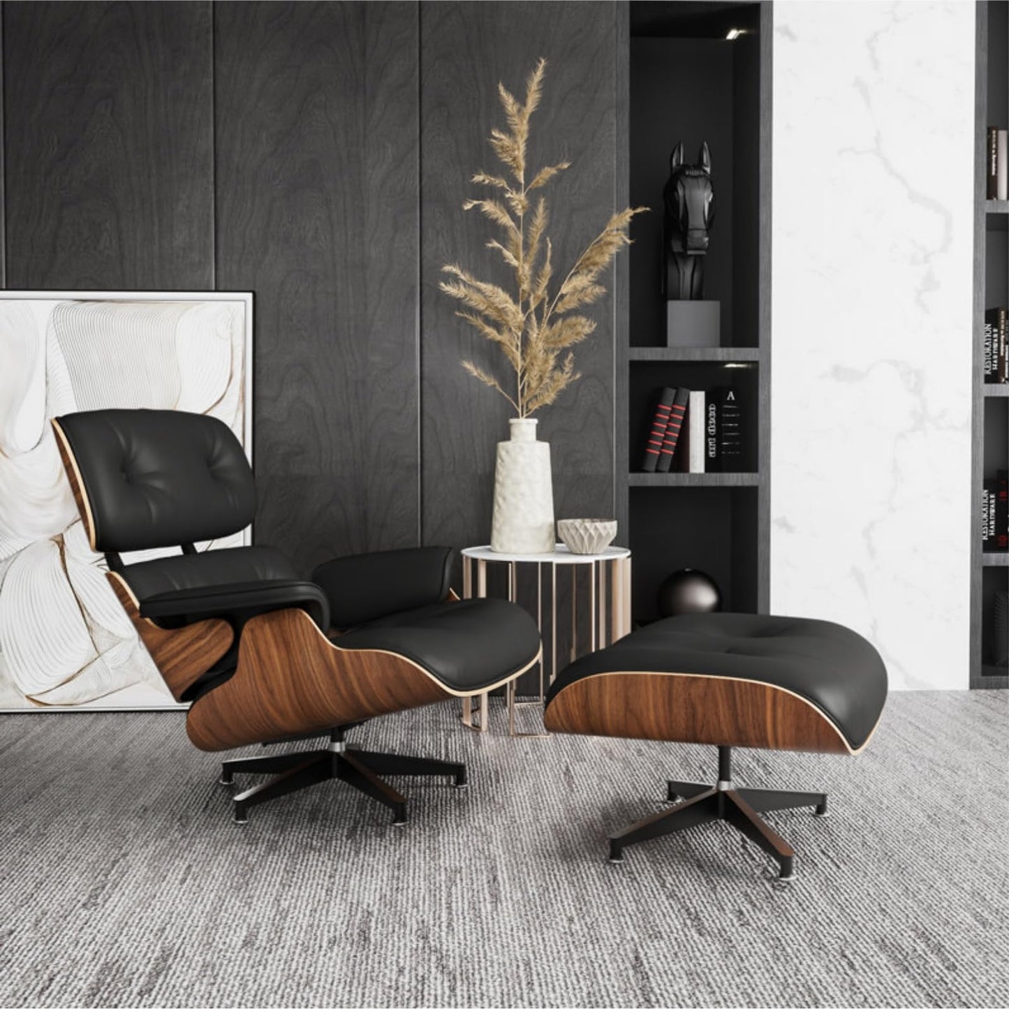 Top Black Grain Leather, Mid Century Chaise Lounge Chair with Ottoman, Modern Office Chair Classic Design, Heavy Duty Base Support for Living Room Study Lounge Office