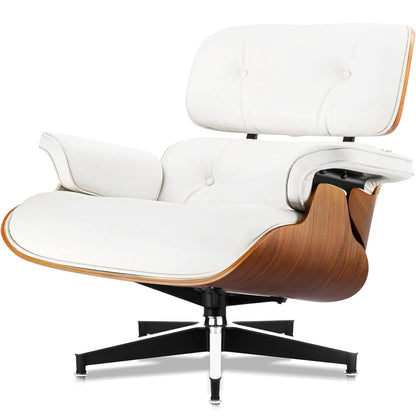 Top Grain Leather, Mid Century Chaise Lounge Chair and Ottoman, Modern Chair Classic Design, Heavy Duty Base Support for Living Room Study Lounge Office, Walnut-White, Heightening