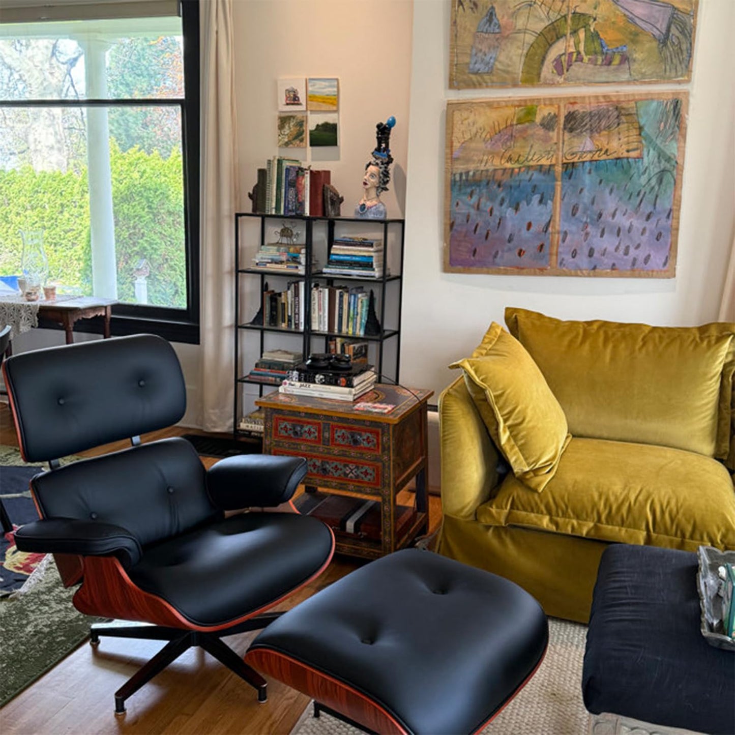 Top Black Grain Leather, Mid Century Chaise Lounge Chair and Ottoman, Modern Chair Classic Design, Heavy Duty Base Support for Living Room Study Lounge Office, Darkrosewood