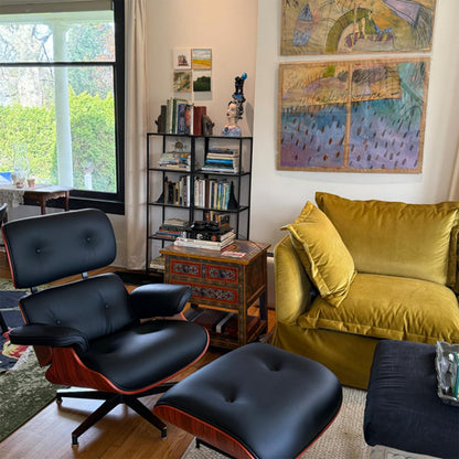 Top Black Grain Leather, Mid Century Chaise Lounge Chair and Ottoman, Modern Chair Classic Design, Heavy Duty Base Support for Living Room Study Lounge Office, Darkrosewood
