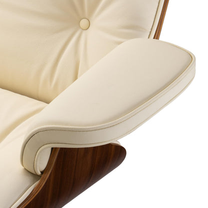 Chaise Lounge Chair with Ottoman Genuine Leather High-Resilience Foam Cushions Mid Century Modern Ergonomic Design for Living Room Study Lounge Office Walnut Ivory White