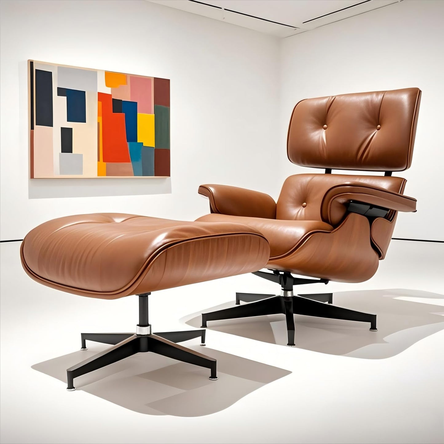 Mid Century Chaise Lounge Chair with Ottoman, Top Black Grain Leather, Modern Office Chair Classic Design, Heavy Duty Base Support for Living Room Study Lounge Office