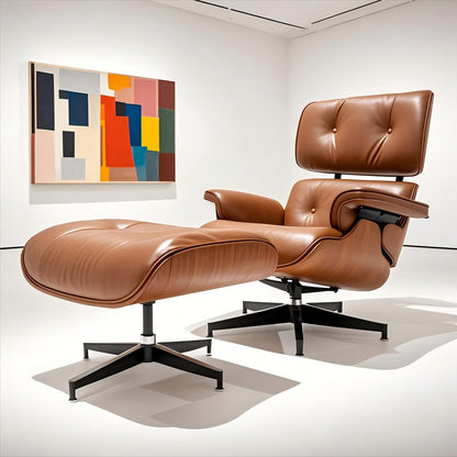 Mid Century Chaise Lounge Chair with Ottoman, Top Black Grain Leather, Modern Office Chair Classic Design, Heavy Duty Base Support for Living Room Study Lounge Office