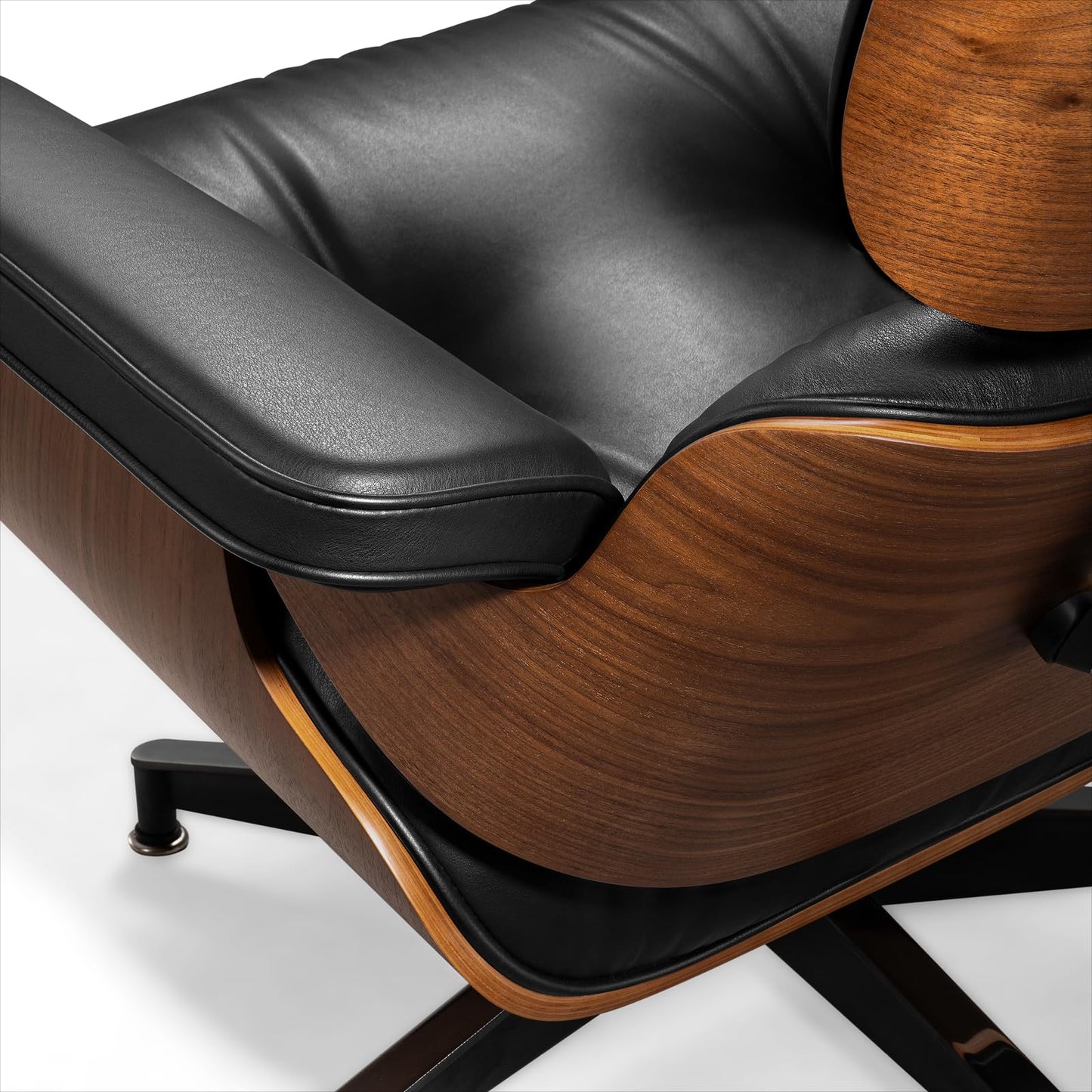 Chaise Lounge Chair with Ottoman Genuine Leather High-Resilience Foam Cushions Mid Century Modern Ergonomic Design for Living Room Study Lounge Office Dark Walnut Black