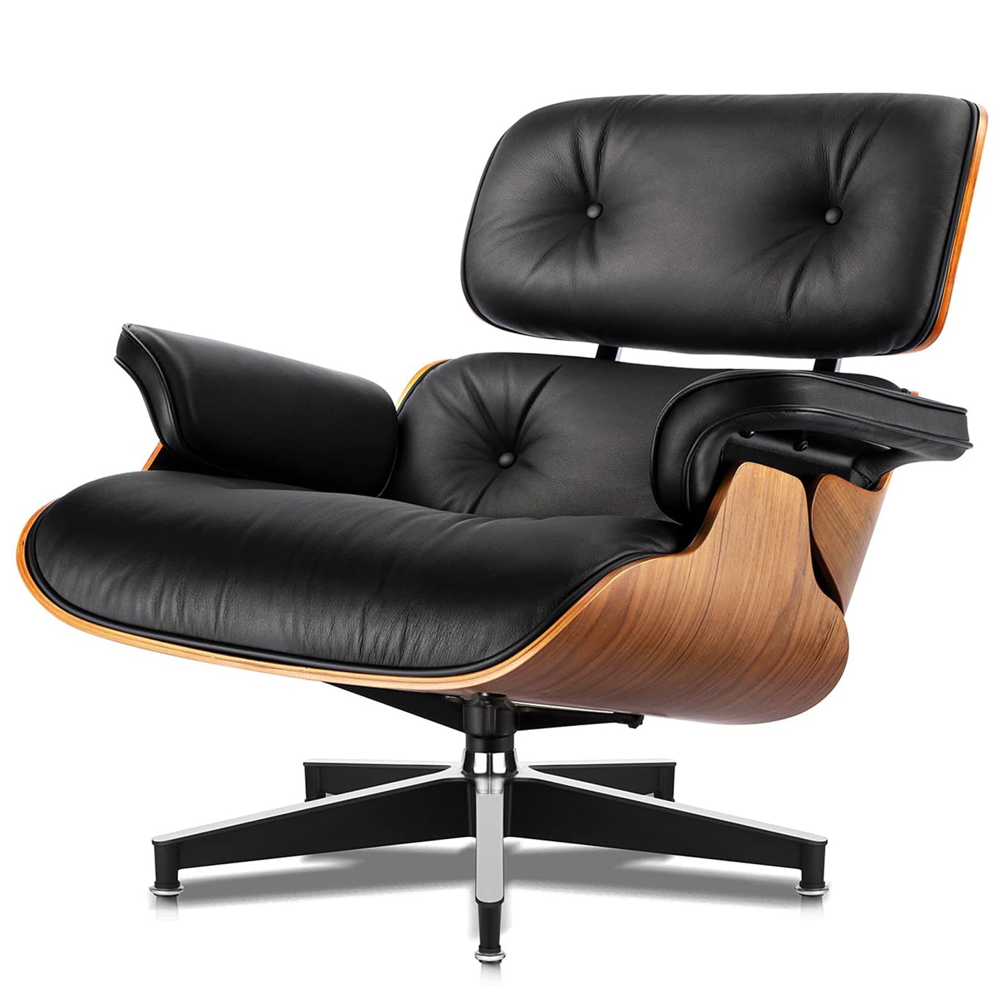 Top Black Grain Leather, Mid Century Chaise Lounge Chair and Ottoman, Modern Chair Classic Design, Heavy Duty Base Support for Living Room Study Lounge Office, Walnut