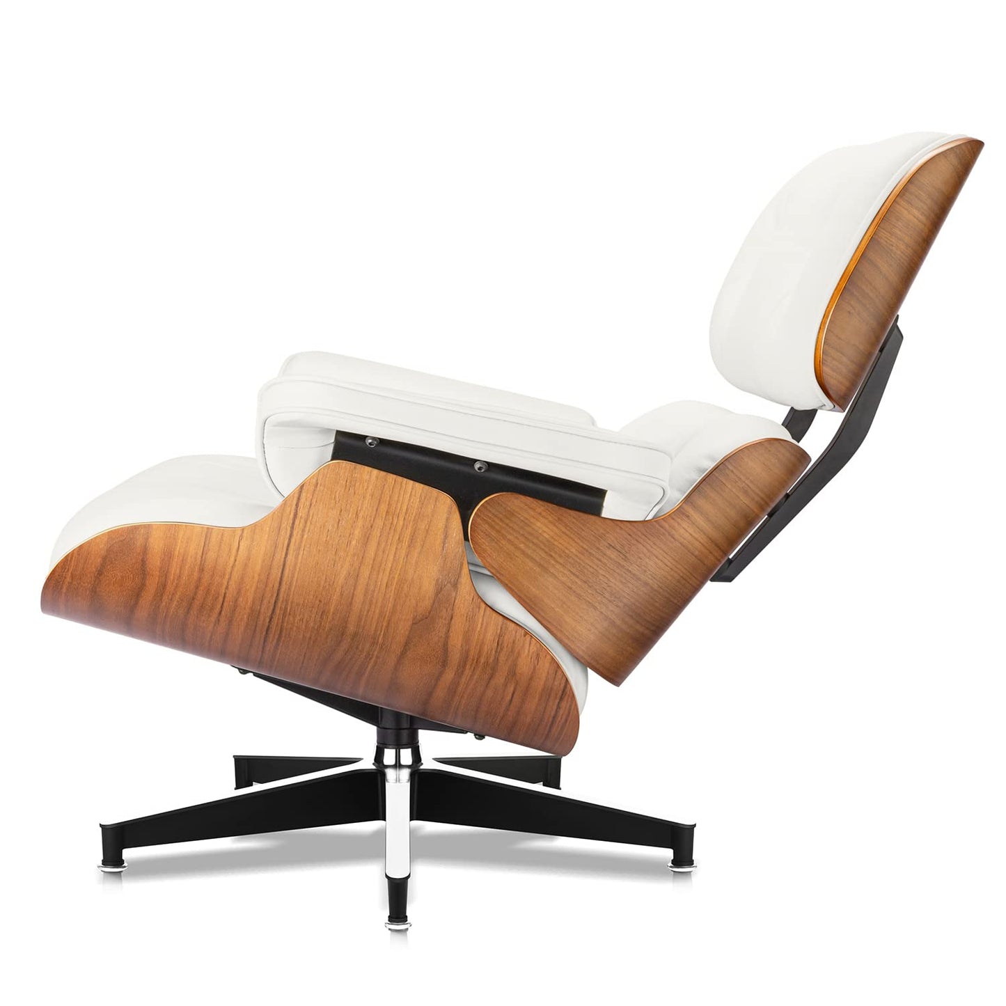 Chaise Lounge Chair with Ottoman Premium Aniline Leather Top Grain Leather High-Resilience Foam Cushions Mid Century Modern Ergonomic Design for Living Room Study Lounge Office Walnut White