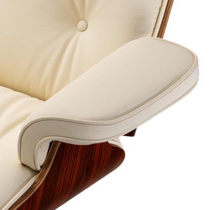 Chaise Lounge Chair with Ottoman Genuine Leather High-Resilience Foam Cushions Mid Century Modern Ergonomic Design for Living Room Study Lounge Office Palisander Ivory