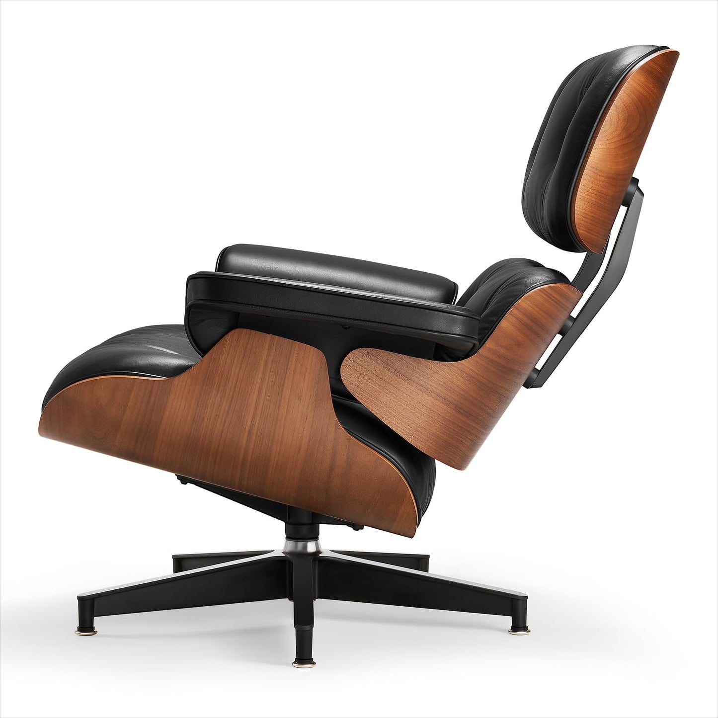 Chaise Lounge Chair with Ottoman Premium Aniline Leather Top Grain Leather High-Resilience Foam Cushions Mid Century Modern Ergonomic Design for Living Room Study Lounge Office Walnut Black