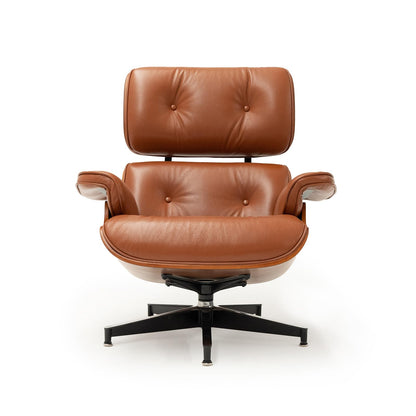 Mid Century Chaise Lounge Chair with Ottoman, Top Black Grain Leather, Modern Office Chair Classic Design, Heavy Duty Base Support for Living Room Study Lounge Office