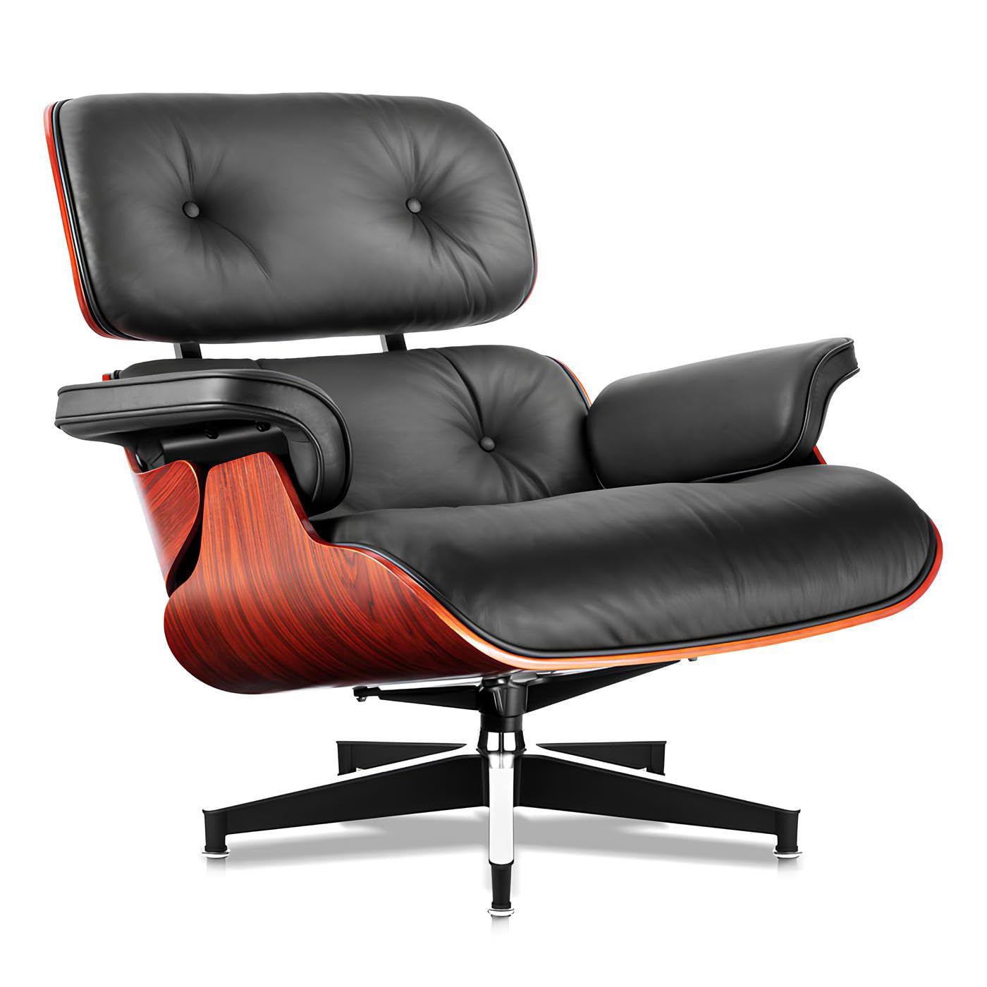Top Black Grain Leather, Mid Century Chaise Lounge Chair and Ottoman, Modern Chair Classic Design, Heavy Duty Base Support for Living Room Study Lounge Office, Darkrosewood, Heightening