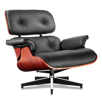 Top Black Grain Leather, Mid Century Chaise Lounge Chair and Ottoman, Modern Chair Classic Design, Heavy Duty Base Support for Living Room Study Lounge Office, Darkrosewood, Heightening
