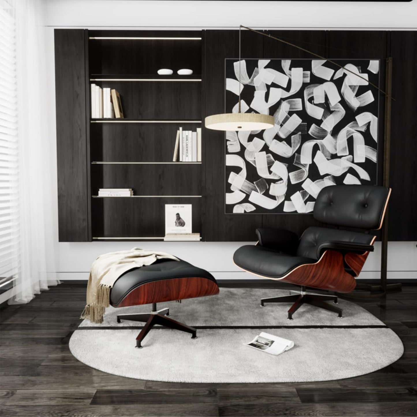Mid Century Chaise Lounge Chair with Ottoman, Top Black Grain Leather, Modern Office Chair Classic Design, Heavy Duty Base Support for Living Room Study Lounge Office
