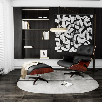 Mid Century Chaise Lounge Chair with Ottoman, Top Black Grain Leather, Modern Office Chair Classic Design, Heavy Duty Base Support for Living Room Study Lounge Office