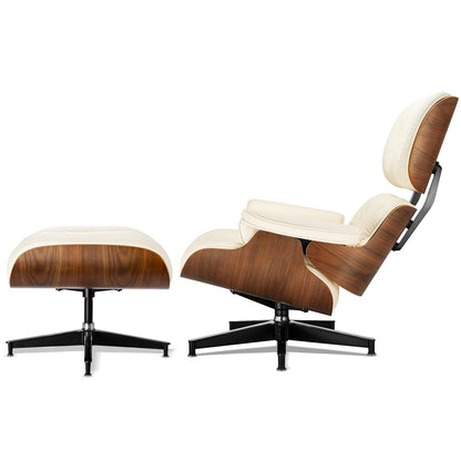 Chaise Lounge Chair with Ottoman Genuine Leather High-Resilience Foam Cushions Mid Century Modern Ergonomic Design for Living Room Study Lounge Office Walnut Ivory White